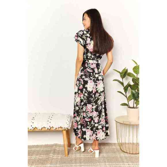 Double Take Floral Flutter Sleeve Tie-Waist Split Dress - Picture 5 of 6